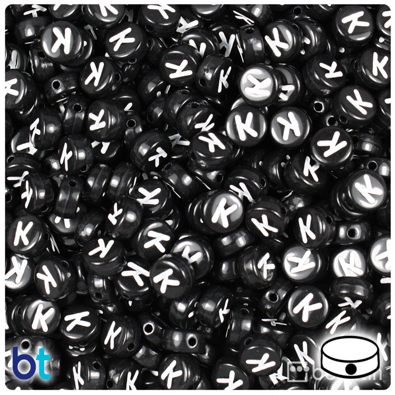 BeadTin Black Opaque 7mm Coin Plastic Alpha Beads - White Letter K (100pcs)